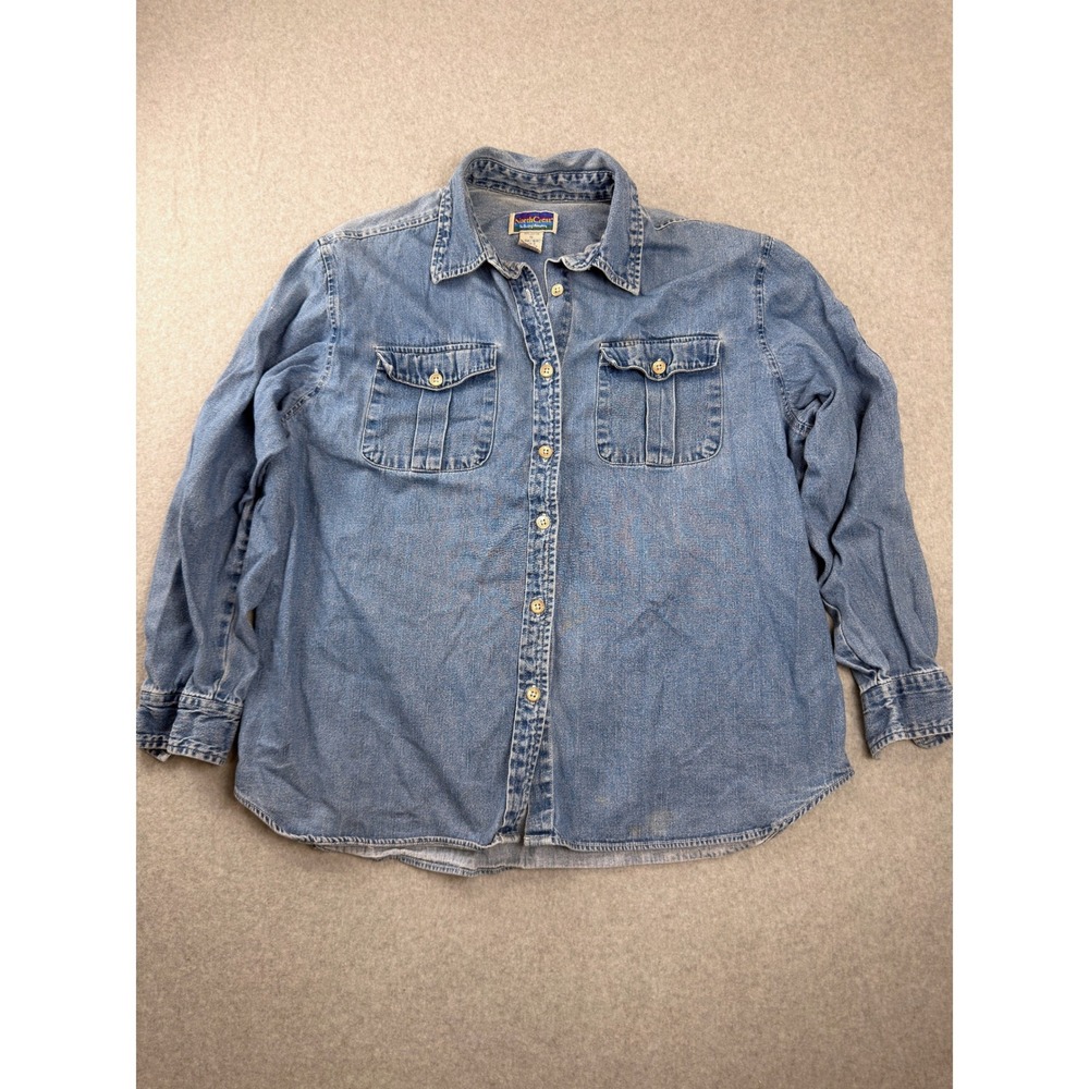 Vintage 90s NorthCrest Womens 1X Denim Button Down Medium Wash Long Sleeve Top